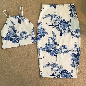 Blue/White Floral Two-Piece Midi Skirt & Crop Top